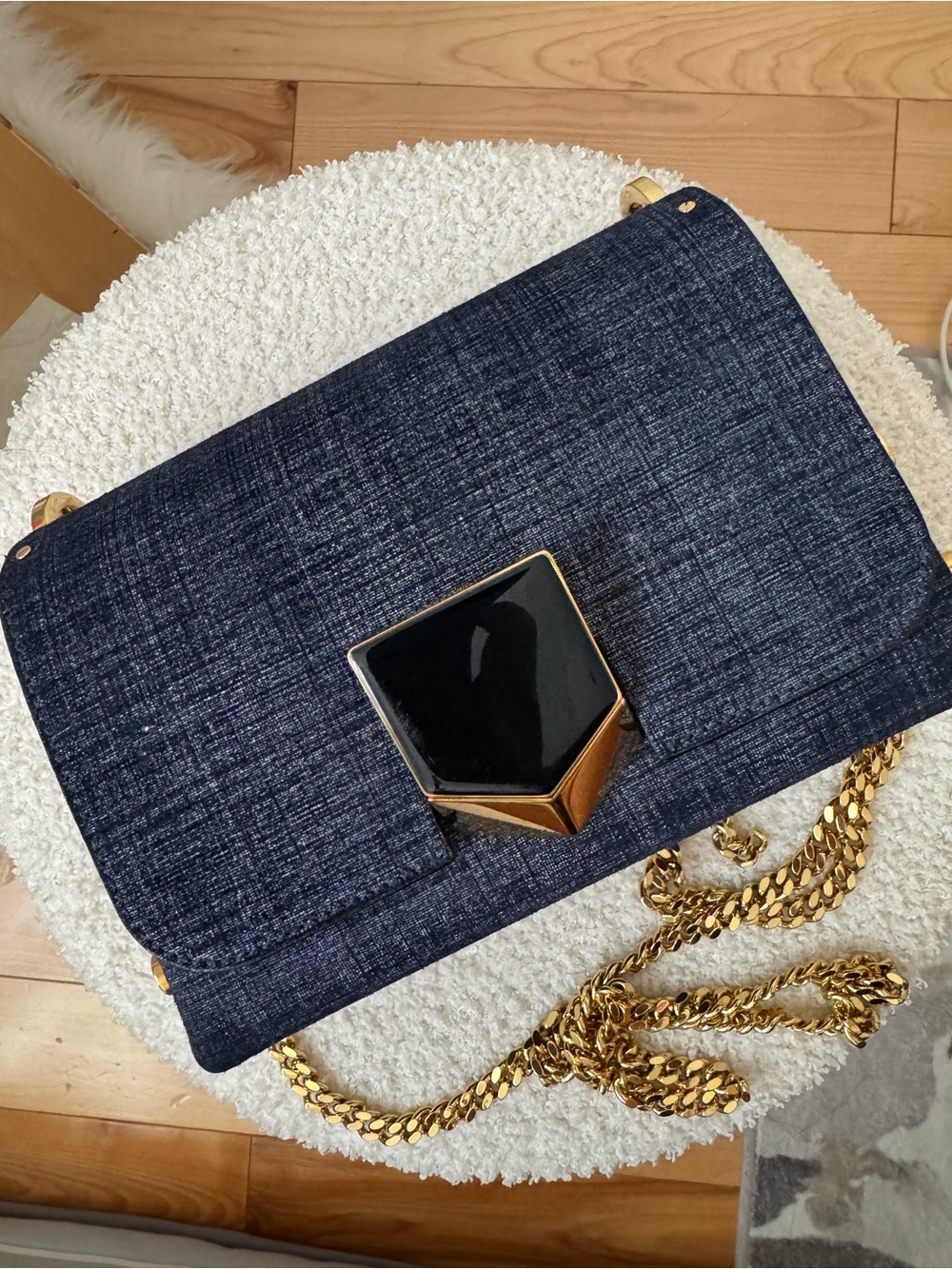 Jimmy Choo Dark Navy Tweed Shoulder Bag with Gold Chain